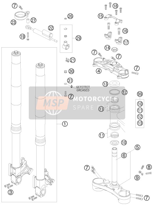 KTM 990 SUPER DUKE R AU, GB 2010 Front Fork, Triple Clamp for a 2010 KTM 990 SUPER DUKE R AU, GB