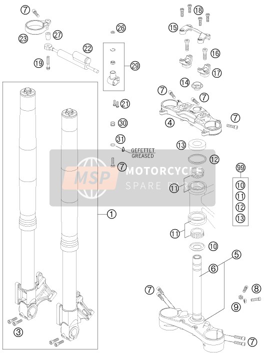 KTM 990 SUPER DUKE R Europe 2011 Voorvork, Kroonplaat set voor een 2011 KTM 990 SUPER DUKE R Europe