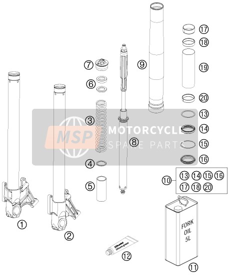 KTM 990 SUPER DUKE R AU, GB 2012 Front Fork Disassembled for a 2012 KTM 990 SUPER DUKE R AU, GB