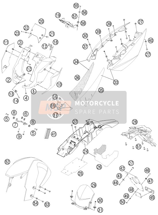 KTM 990 SUPER DUKE R AU, GB 2012 Mask, Fenders for a 2012 KTM 990 SUPER DUKE R AU, GB