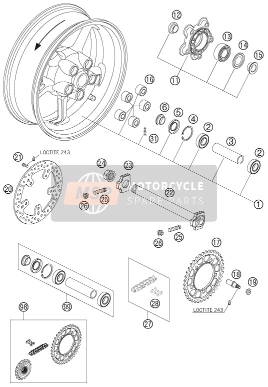 KTM 990 SUPERDUKE BLACK AU, GB 2005 Rear Wheel for a 2005 KTM 990 SUPERDUKE BLACK AU, GB