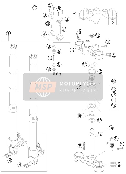 KTM 990 SUPERMOTO ORANGE Europe 2008 Front Fork, Triple Clamp for a 2008 KTM 990 SUPERMOTO ORANGE Europe