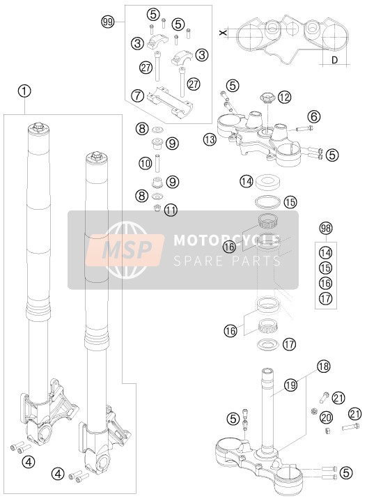 KTM 990 SUPERMOTO R AU, GB 2009 Tenedor frontal, Abrazadera triple para un 2009 KTM 990 SUPERMOTO R AU, GB