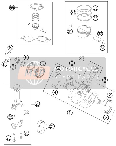 KTM 990 SUPERMOTO T ORANGE France 2009 Crankshaft, Piston for a 2009 KTM 990 SUPERMOTO T ORANGE France