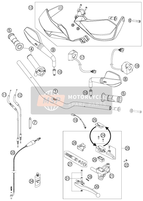 KTM 990 SUPERMOTO T ORANGE AU, GB 2010 Manubrio, Controlli per un 2010 KTM 990 SUPERMOTO T ORANGE AU, GB