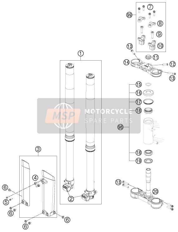 KTM FREERIDE 250 R USA 2015 Voorvork, Kroonplaat set voor een 2015 KTM FREERIDE 250 R USA