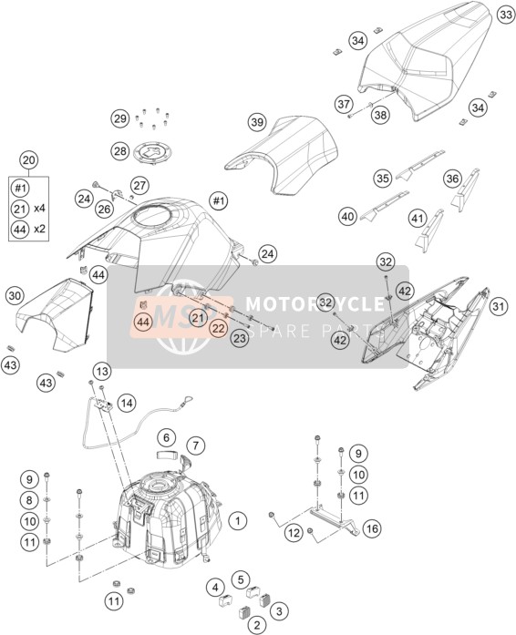 KTM RC 125, orange, Europe 2018 Tanque, Asiento para un 2018 KTM RC 125, orange, Europe