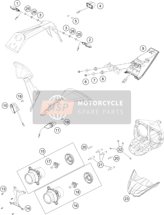 KTM RC 200 BL. w/o ABS B.D. Europe 2015 Verlichtingssysteem voor een 2015 KTM RC 200 BL. w/o ABS B.D. Europe