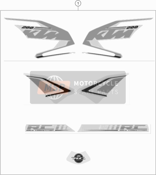 KTM RC 200, white, w/o ABS - B.D. Europe 2018 Decal for a 2018 KTM RC 200, white, w/o ABS - B.D. Europe