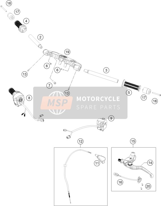 KTM RC 390, black, Europe 2019 Guidon, Les contrôles pour un 2019 KTM RC 390, black, Europe