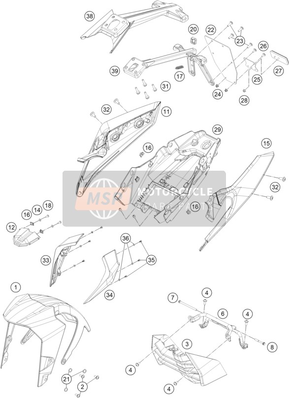 KTM 200 Duke, orange, ABS-CKD CO 2020 Masker, Spatborden voor een 2020 KTM 200 Duke, orange, ABS-CKD CO