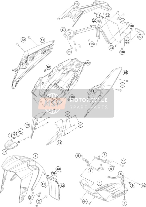 KTM 250 Duke, orange w/o ABS-CKD CO 2020 Masker, Spatborden voor een 2020 KTM 250 Duke, orange w/o ABS-CKD CO