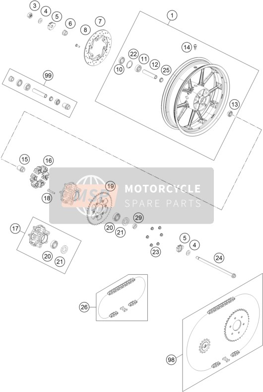 KTM 250 Duke, orange w/o ABS-CKD CO 2020 Achterwiel voor een 2020 KTM 250 Duke, orange w/o ABS-CKD CO