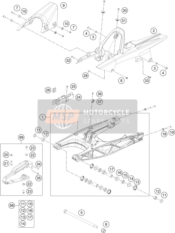 KTM RC 200, black, w/o ABS - B.D. EU 2020 Bras oscillant pour un 2020 KTM RC 200, black, w/o ABS - B.D. EU