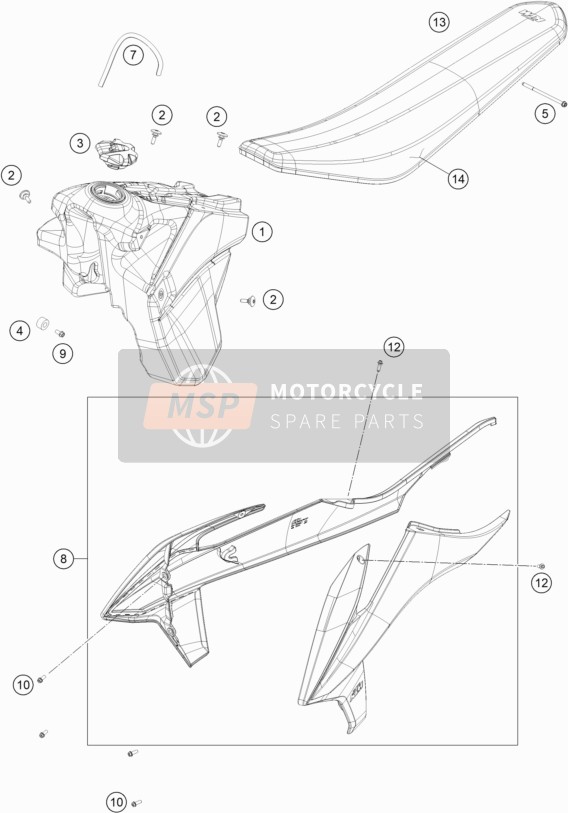 KTM 150 EXC TPI EU 2021 Tank, Seat for a 2021 KTM 150 EXC TPI EU