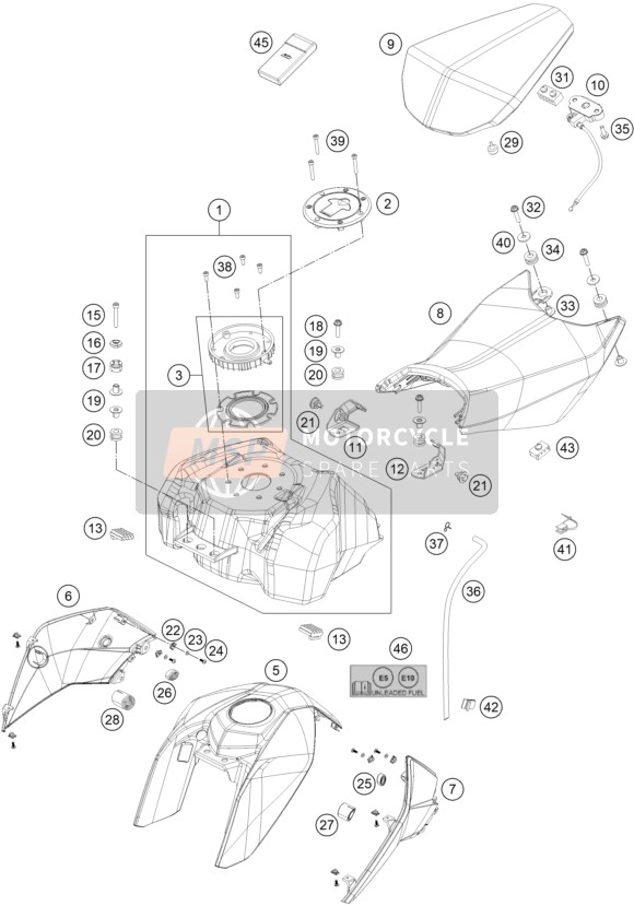KTM 200 Duke, orange, w/o ABS - CKD CO 2020 Réservoir, Siège pour un 2020 KTM 200 Duke, orange, w/o ABS - CKD CO