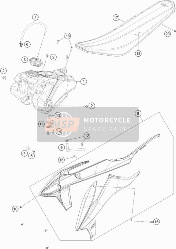 KTM 250 SX US 2020 Tank, Seat for a 2020 KTM 250 SX US