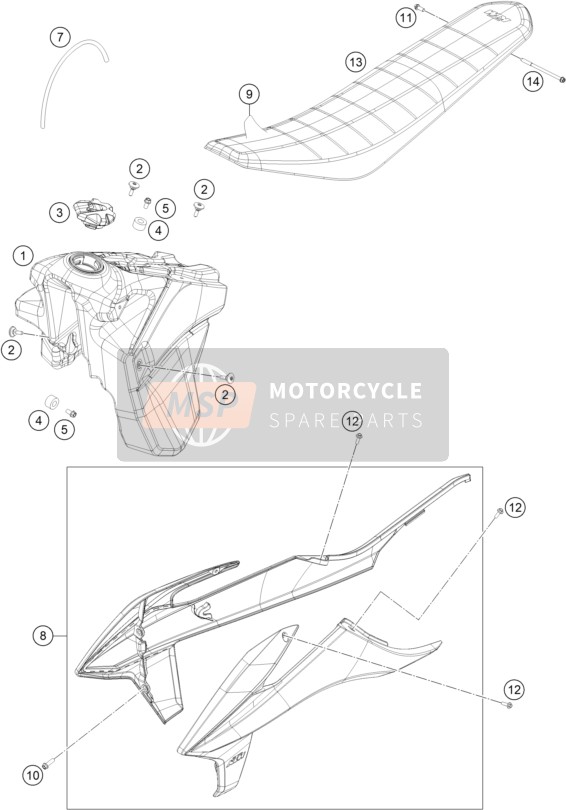 KTM 250 XC-F US 2020 Tank, Seat for a 2020 KTM 250 XC-F US