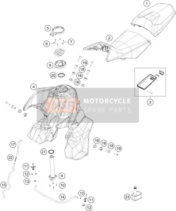 KTM 790 Adventure, orange US 2020 Tank, Seat for a 2020 KTM 790 Adventure, orange US