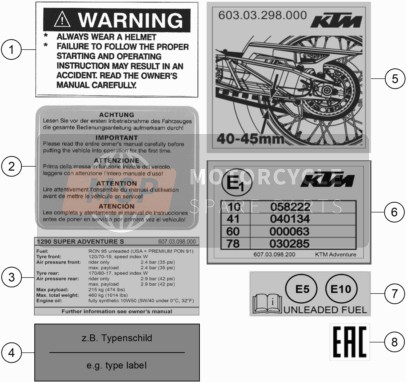 KTM 1290 Super Adventure S, silver EU 2020 Technical Information Sticker for a 2020 KTM 1290 Super Adventure S, silver EU