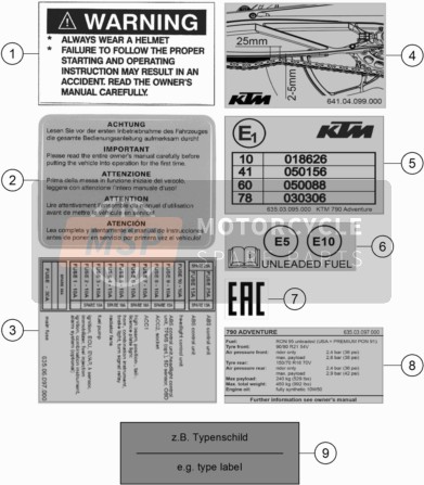 KTM 790 Adventure, orange CN 2020 Technical Information Sticker for a 2020 KTM 790 Adventure, orange CN