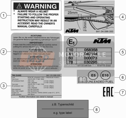KTM 790 Duke, orange CN 2020 Technical Information Sticker for a 2020 KTM 790 Duke, orange CN