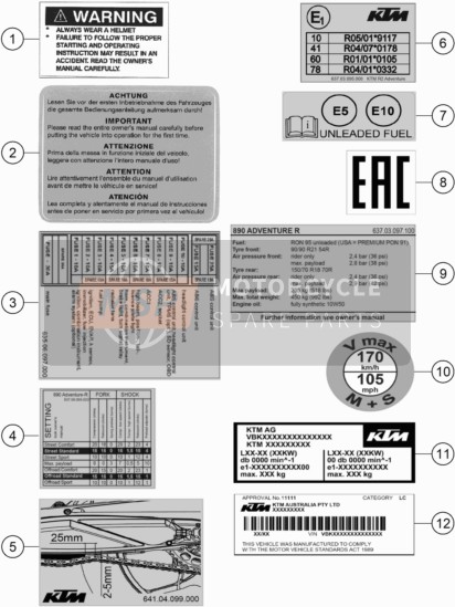 KTM 890 ADVENTURE R US 2021 Technical Information Sticker for a 2021 KTM 890 ADVENTURE R US