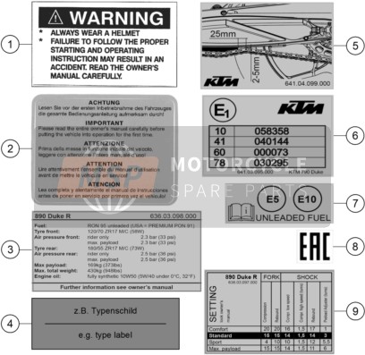KTM 890 Duke R EU 2020 Technical Information Sticker for a 2020 KTM 890 Duke R EU