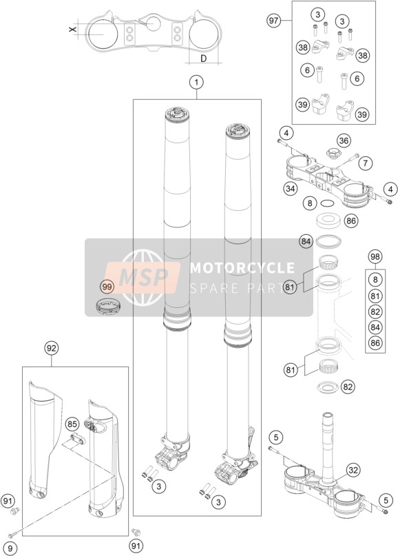 Husqvarna FE 450, Australia 2016 Tenedor frontal, Abrazadera triple para un 2016 Husqvarna FE 450, Australia