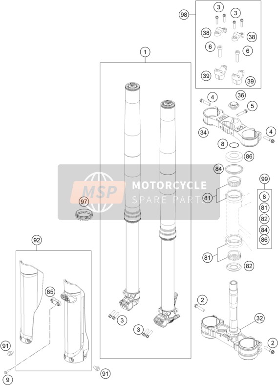 Husqvarna FE 250, Europe 2017 Fourche avant, Pince triple pour un 2017 Husqvarna FE 250, Europe