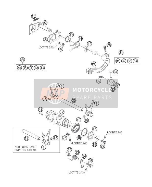 Husaberg FE 550e/6, Europe 2005 Mécanisme de changement de vitesse pour un 2005 Husaberg FE 550e/6, Europe