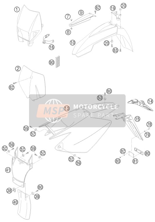 Husaberg FE 450e/6, Europe 2008 Masker, Spatborden voor een 2008 Husaberg FE 450e/6, Europe