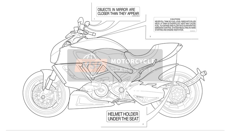 Ducati DIAVEL CARBON ABS Usa 2011 Positions de la plaque signalétique pour un 2011 Ducati DIAVEL CARBON ABS Usa