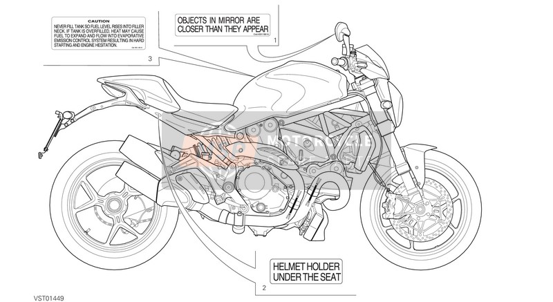 Ducati MONSTER 1200 S STRIPES USA 2015 Positionering van platen voor een 2015 Ducati MONSTER 1200 S STRIPES USA