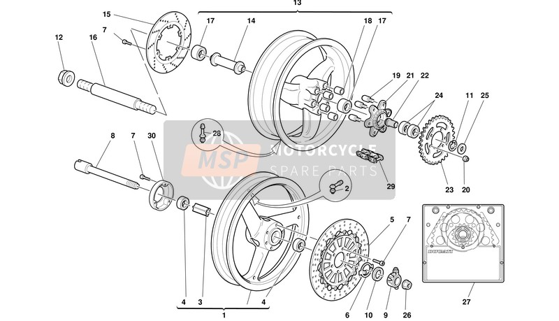 Ducati MONSTER 600 Eu 2001 Voor- en achterwielen voor een 2001 Ducati MONSTER 600 Eu