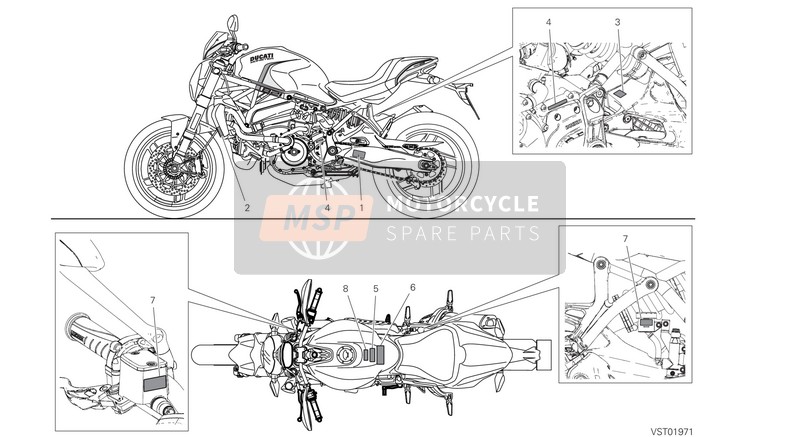 Ducati Monster 821 Stealth EU 2020 Positionering van platen voor een 2020 Ducati Monster 821 Stealth EU