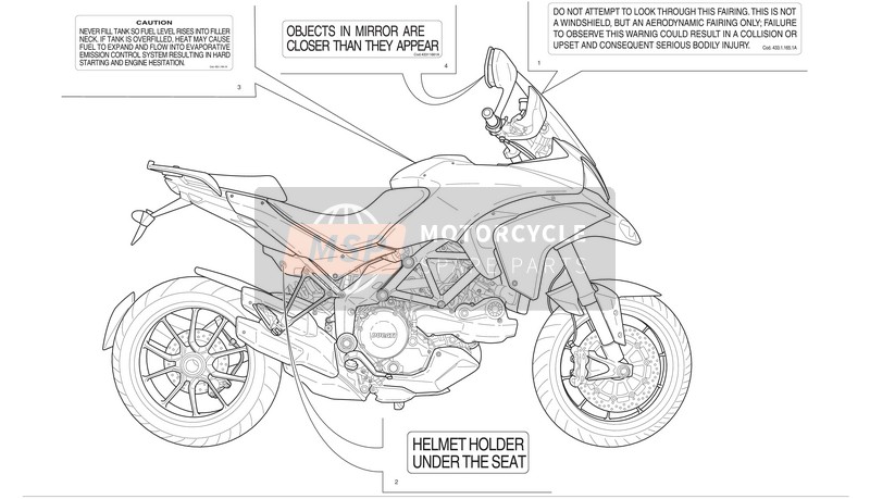 Ducati MULTISTRADA 1200 S ABS PIKES PEAK Usa 2012 Positions de la plaque signalétique pour un 2012 Ducati MULTISTRADA 1200 S ABS PIKES PEAK Usa