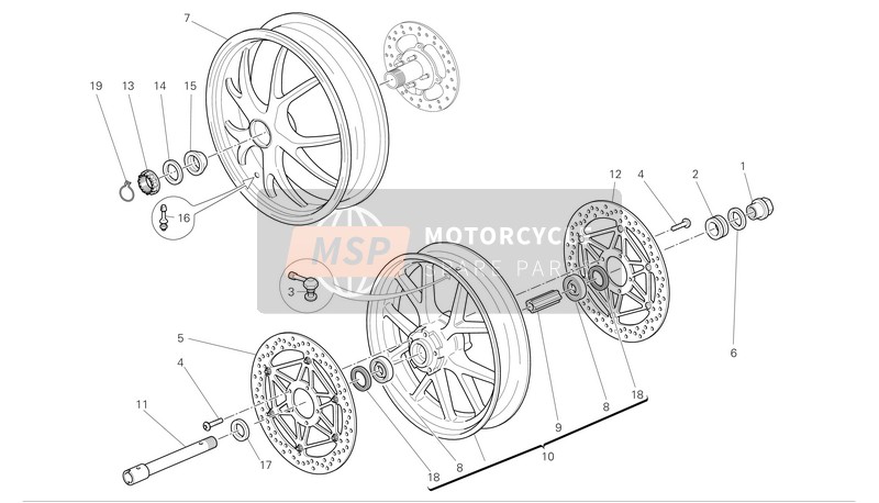 Ducati SUPERBIKE 1098R Eu 2009 Voor- en achterwielen voor een 2009 Ducati SUPERBIKE 1098R Eu