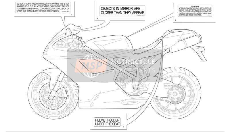 Ducati SUPERBIKE 1198 S CORSE Usa 2010 Positions de la plaque signalétique pour un 2010 Ducati SUPERBIKE 1198 S CORSE Usa