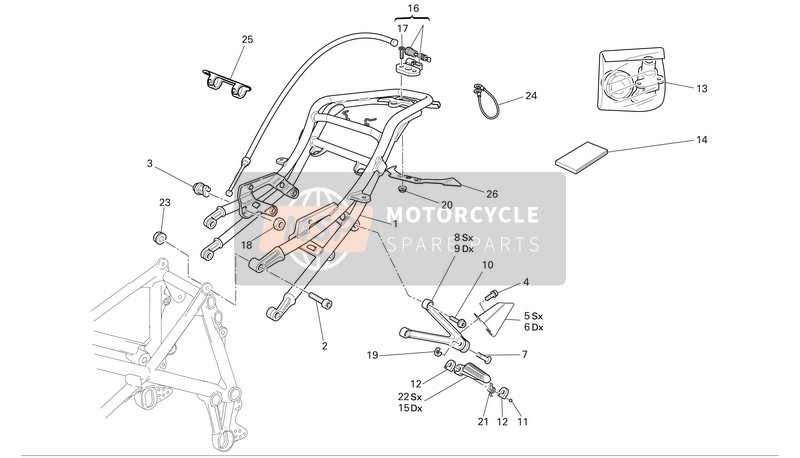 Ducati SUPERBIKE 749S Usa 2006 Subframe achter (Dubbel) - Voetsteunen achter voor een 2006 Ducati SUPERBIKE 749S Usa