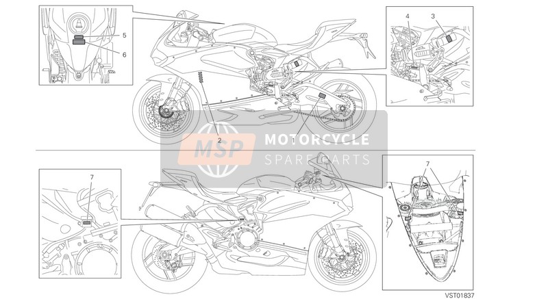 Ducati SUPERBIKE 959 PANIGALE ABS EU 2019 Positionering van platen voor een 2019 Ducati SUPERBIKE 959 PANIGALE ABS EU