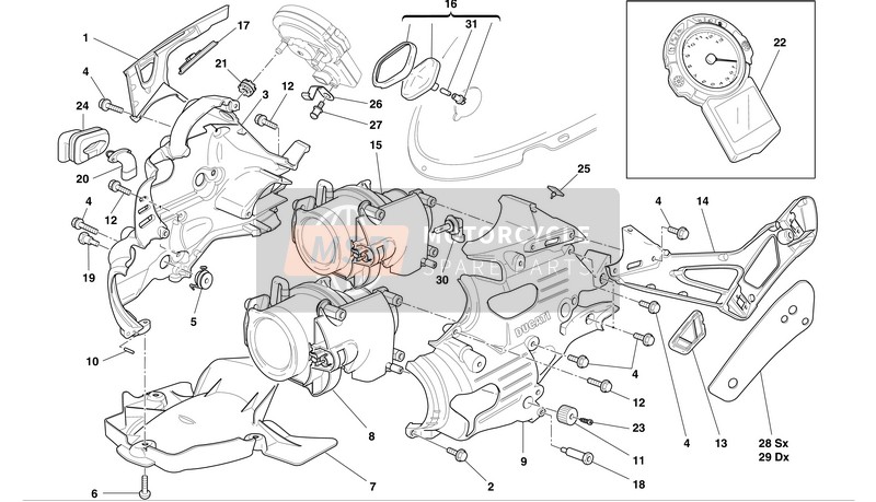 Ducati SUPERBIKE 999 BIP-MON Eu 2004 Frente-Panel de instrumentos y luces para un 2004 Ducati SUPERBIKE 999 BIP-MON Eu