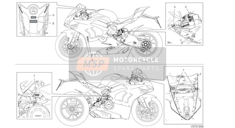 Ducati SUPERBIKE Panigale V4 R EU 2019 Positionering van platen voor een 2019 Ducati SUPERBIKE Panigale V4 R EU