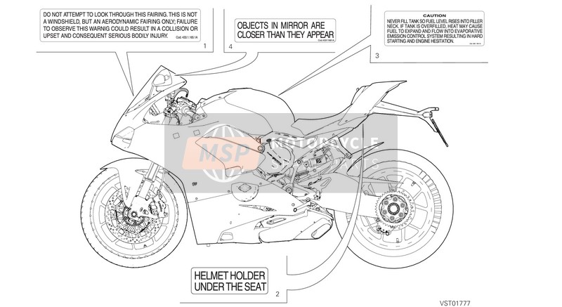 Ducati SUPERBIKE PANIGALE V4 SPECIALE USA 2019 Positionering van platen voor een 2019 Ducati SUPERBIKE PANIGALE V4 SPECIALE USA