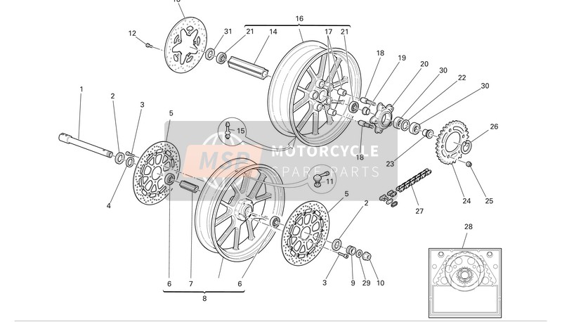 Ducati SUPERBKE 999S BIP-MON Eu 2005 Voor- en achterwielen voor een 2005 Ducati SUPERBKE 999S BIP-MON Eu