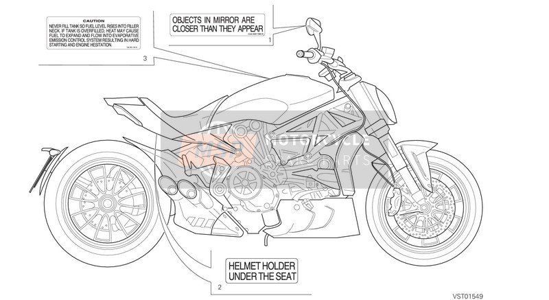 Ducati XDIAVEL S USA 2019 Etiquetas de advertencia para un 2019 Ducati XDIAVEL S USA