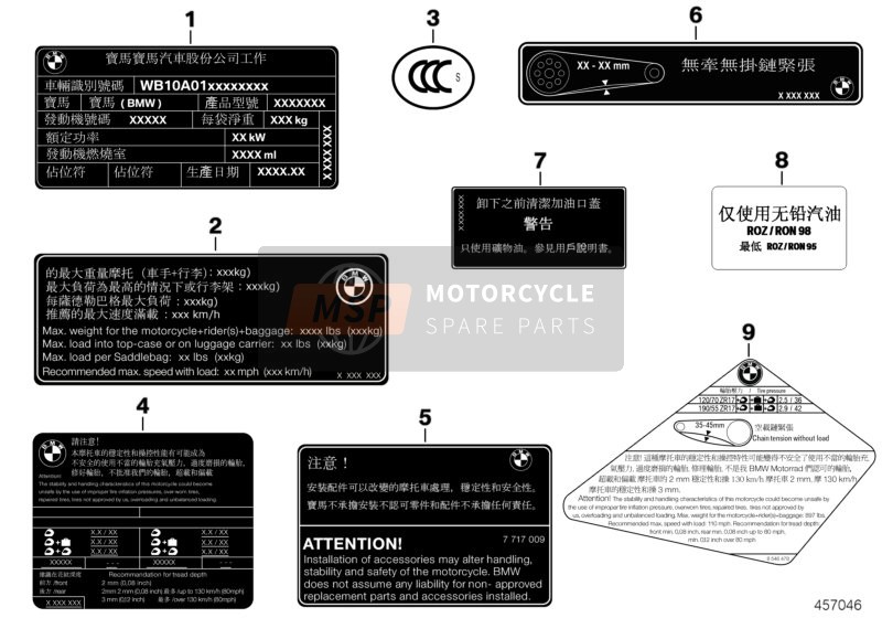 BMW C 650 GT (0133, 0134) 2012 Etiketten Voor China voor een 2012 BMW C 650 GT (0133, 0134)