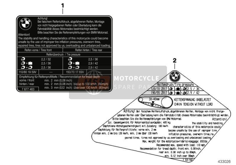 BMW F 700 GS 17 (0B06, 0B16) 2017 Étiquette "Pneus" pour un 2017 BMW F 700 GS 17 (0B06, 0B16)