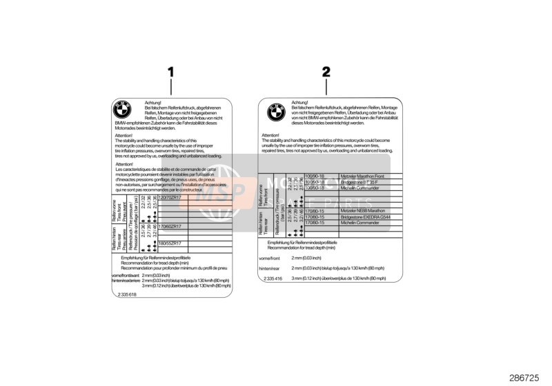 BMW F 800 GT (0B03, 0B13) 2014 Etichetta "Pneumatici" 1 per un 2014 BMW F 800 GT (0B03, 0B13)