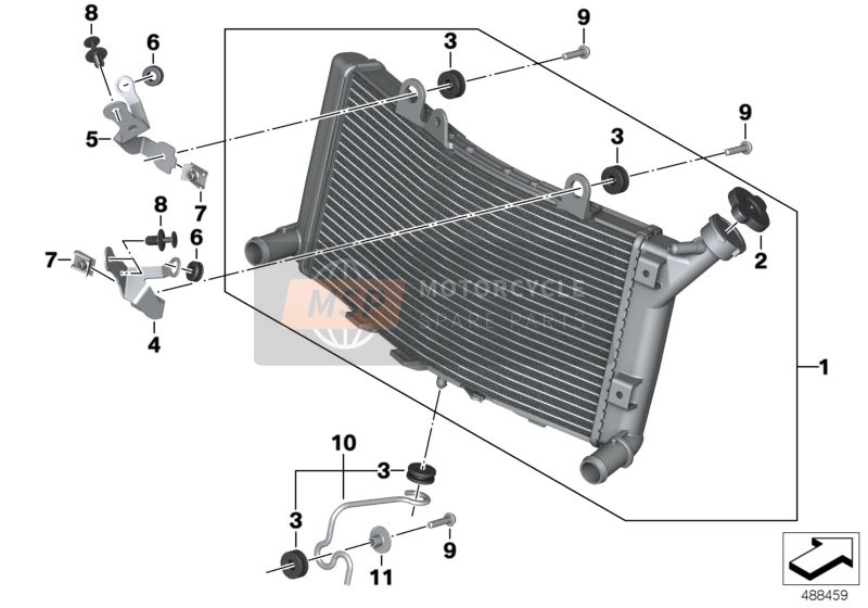 Engine radiator with mounting hardware